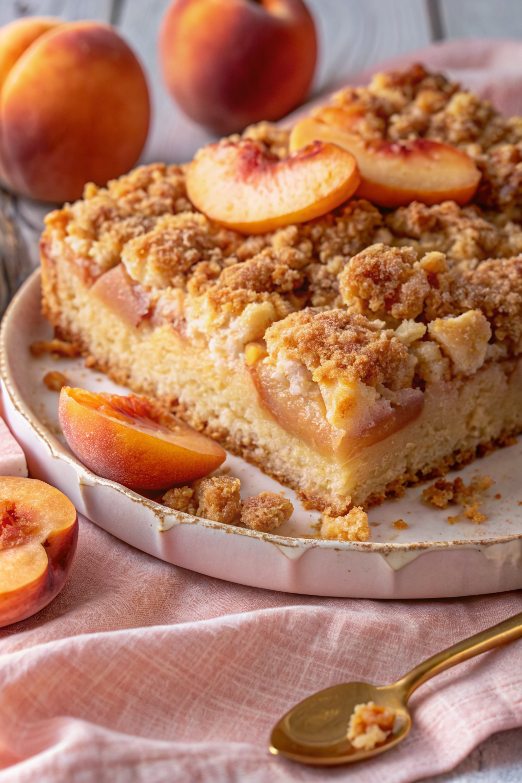 Peach Coffee Cake slice on plate showing perfect texture and swirl pattern