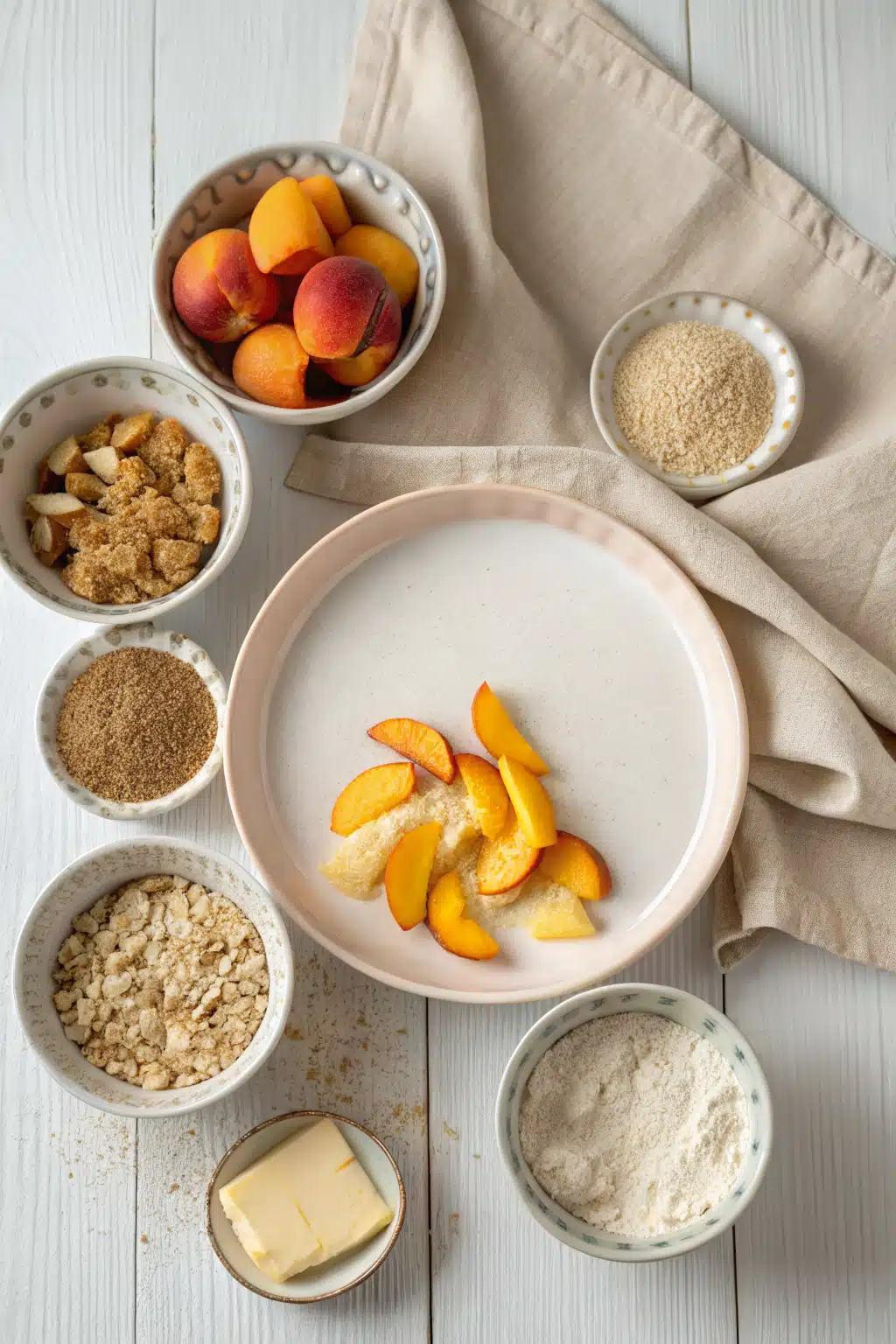 Peach Crisp beautifully presented from an overhead angle