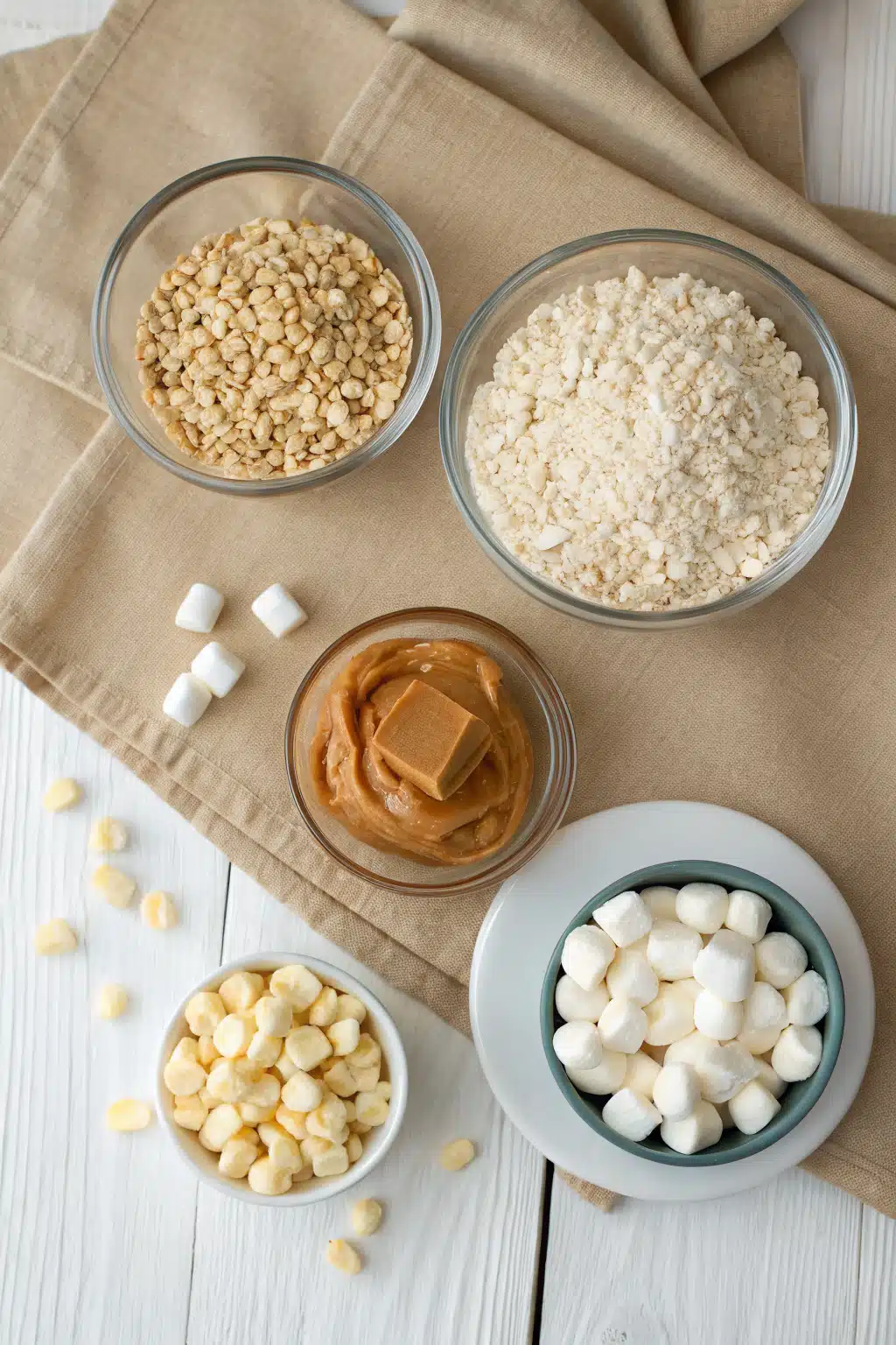 Peanut Butter Rice Krispies Treats beautifully presented from an overhead angle