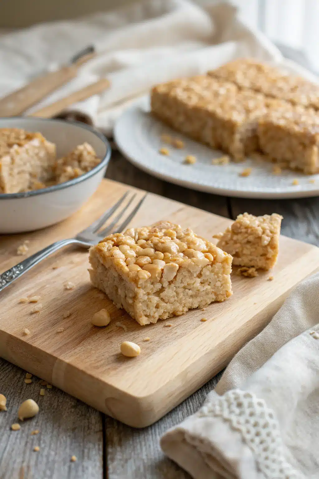 Peanut Butter Rice Krispies Treats ingredients organized and measured on kitchen counter