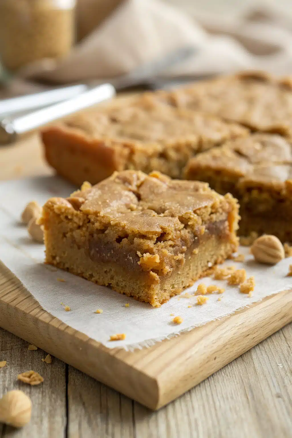 Peanut Butter Blondies slice on plate showing perfect texture and swirl pattern