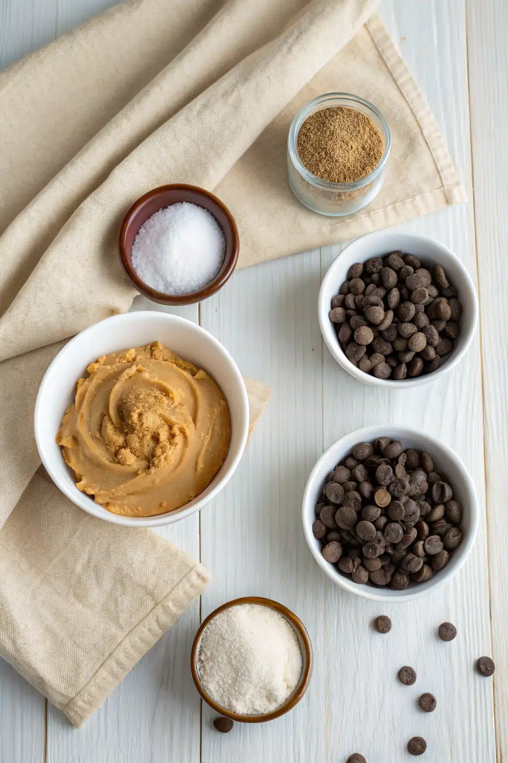 Peanut Butter Chocolate Chip Cookies beautifully presented from an overhead angle