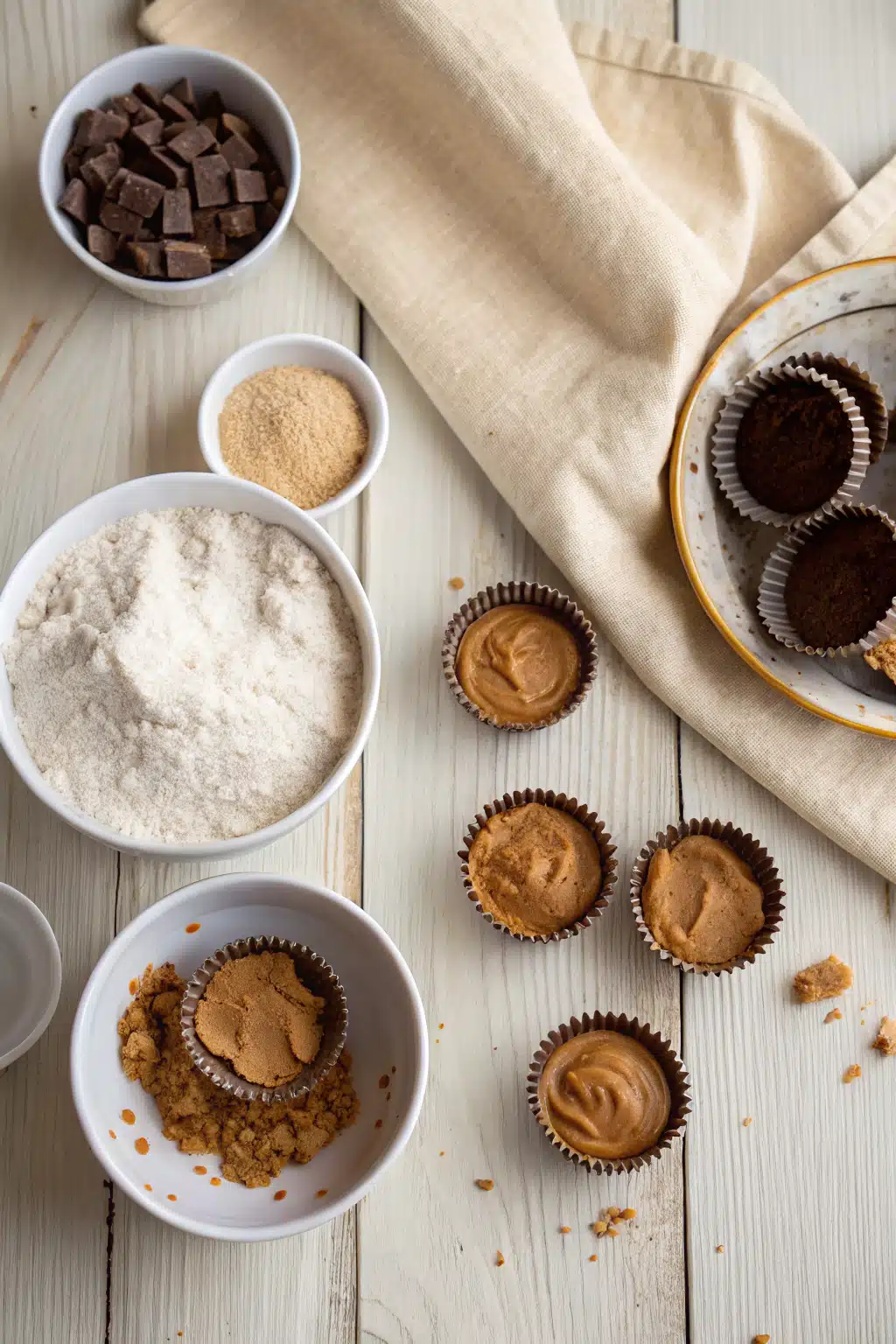 Peanut Butter Cup Cookies beautifully presented from an overhead angle