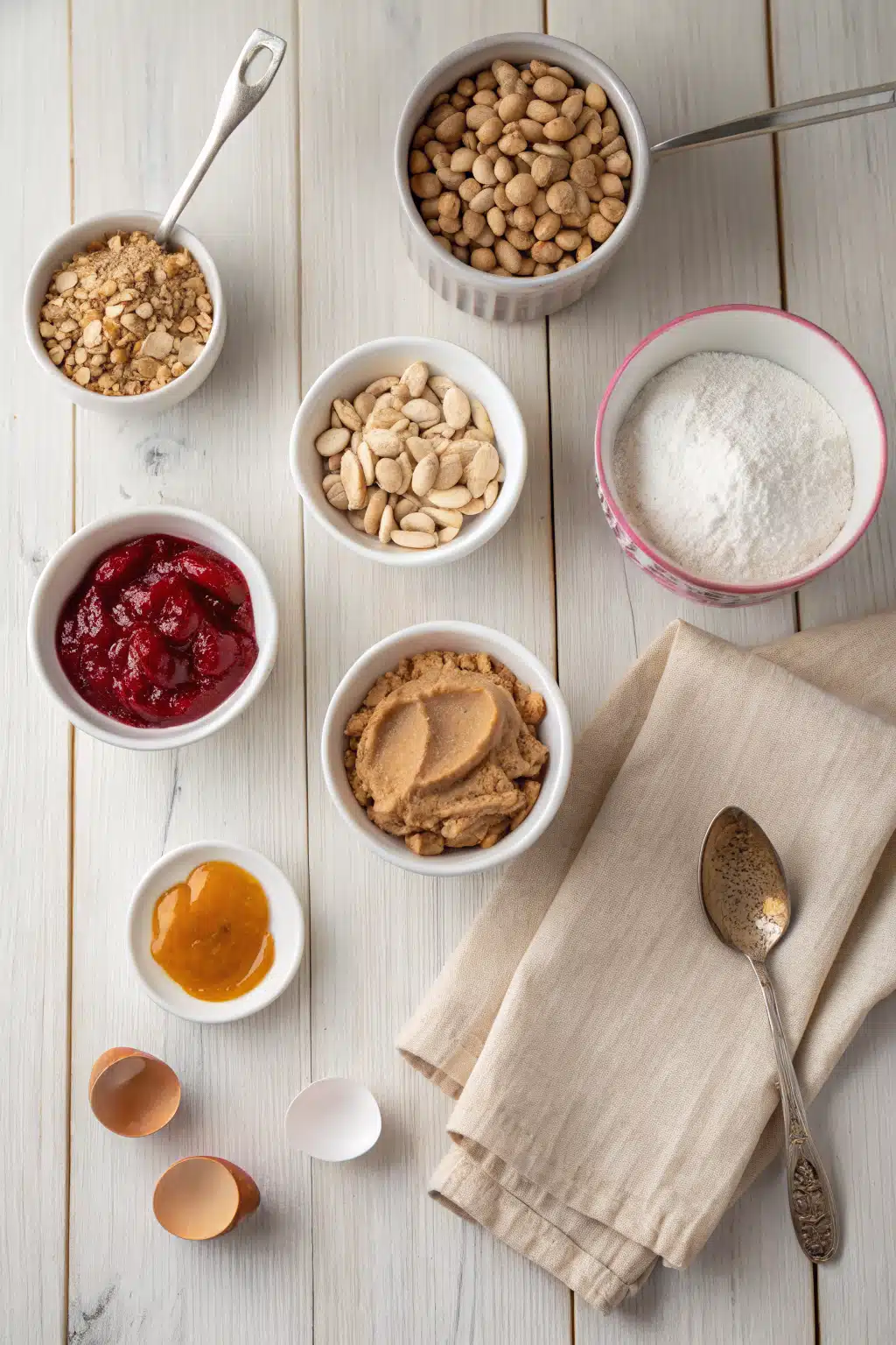 Peanut Butter Jelly Blondies beautifully presented from an overhead angle