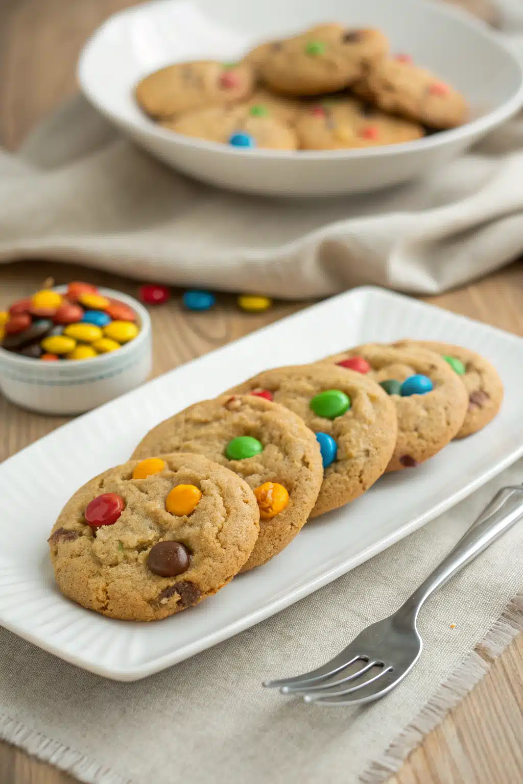 Peanut Butter M&M Cookies ingredients organized and measured on kitchen counter