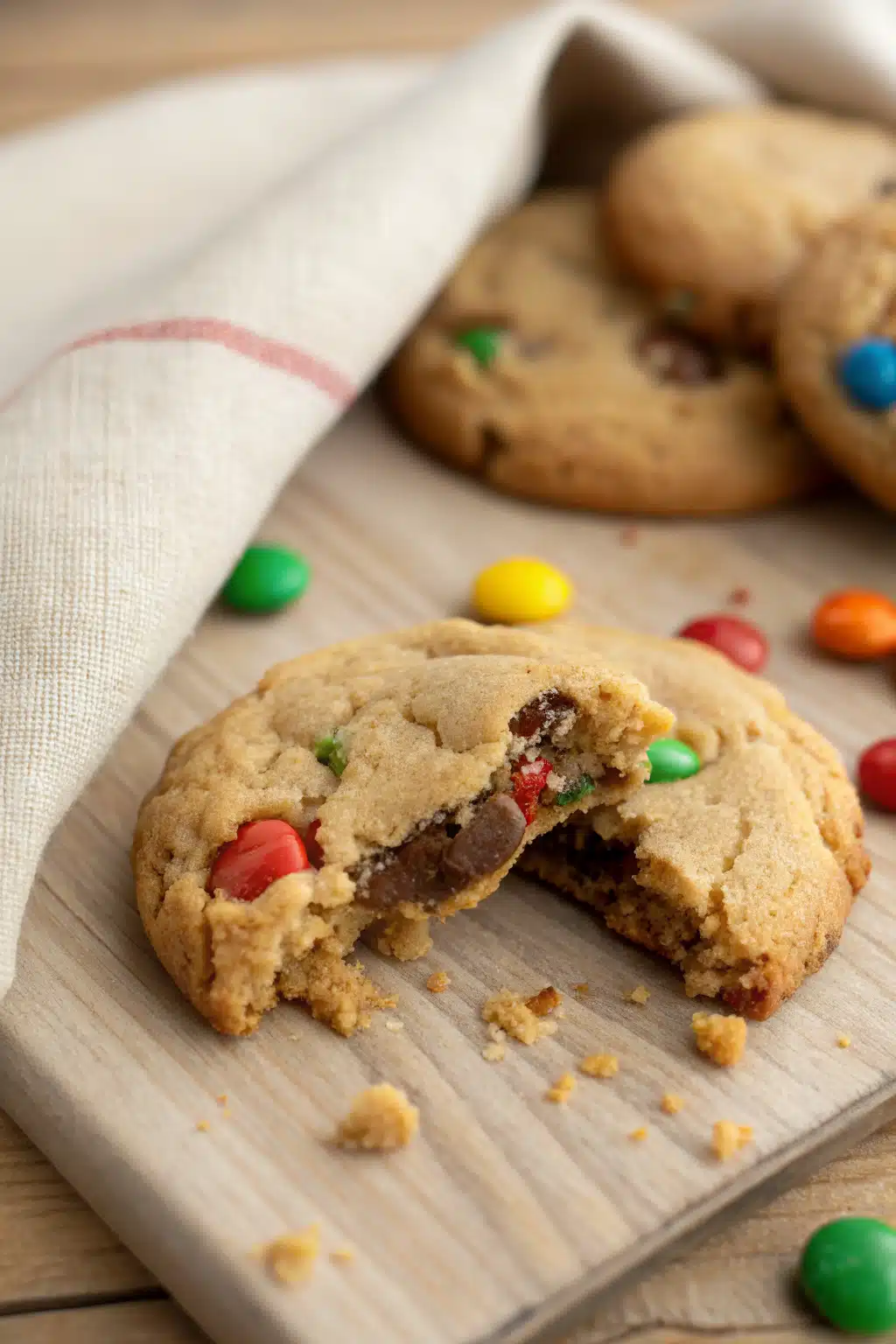 Peanut Butter M&M Cookies slice on plate showing perfect texture and swirl pattern