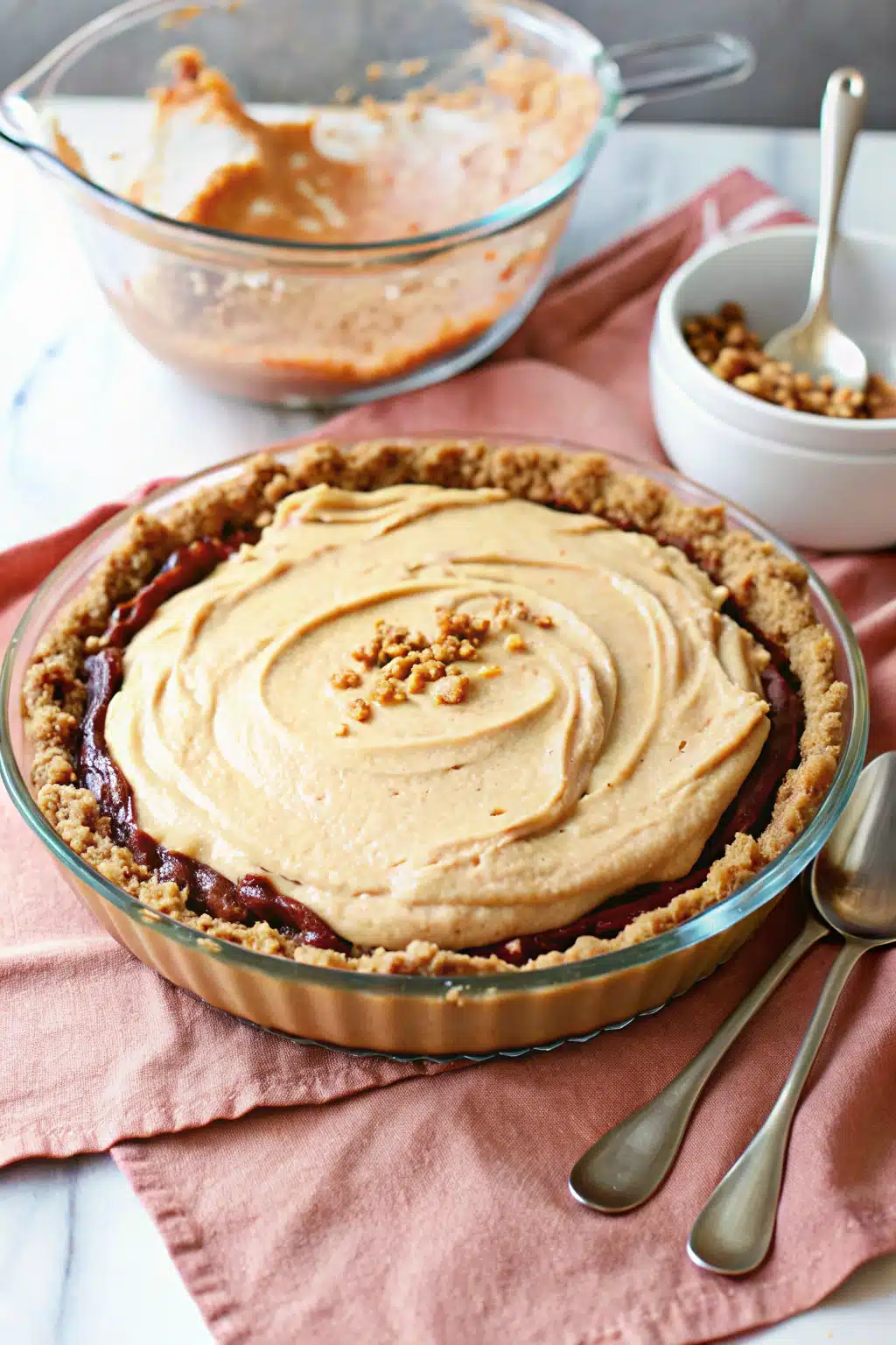 Peanut Butter Pie beautifully presented from an overhead angle