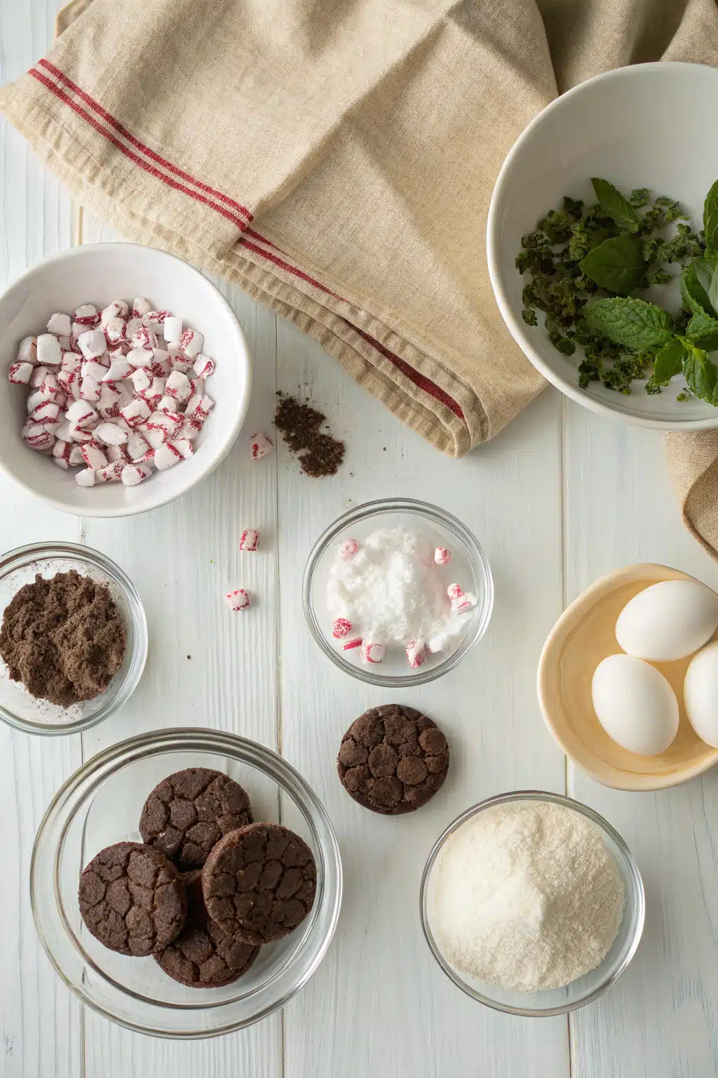 Peppermint Chocolate Cookies beautifully presented from an overhead angle