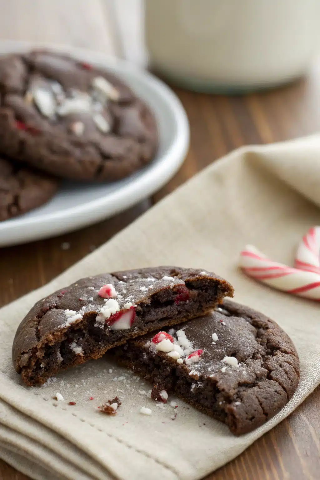 Peppermint Chocolate Cookies slice on plate showing perfect texture and swirl pattern