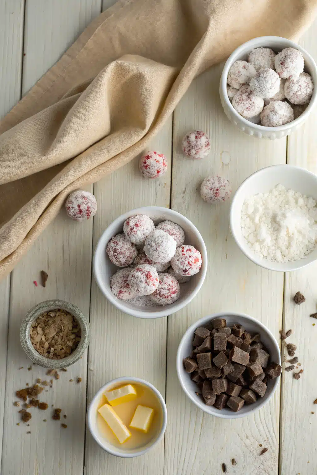 Peppermint Snowball Cookies beautifully presented from an overhead angle