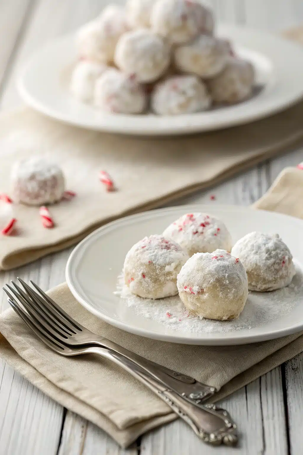 Peppermint Snowball Cookies ingredients organized and measured on kitchen counter
