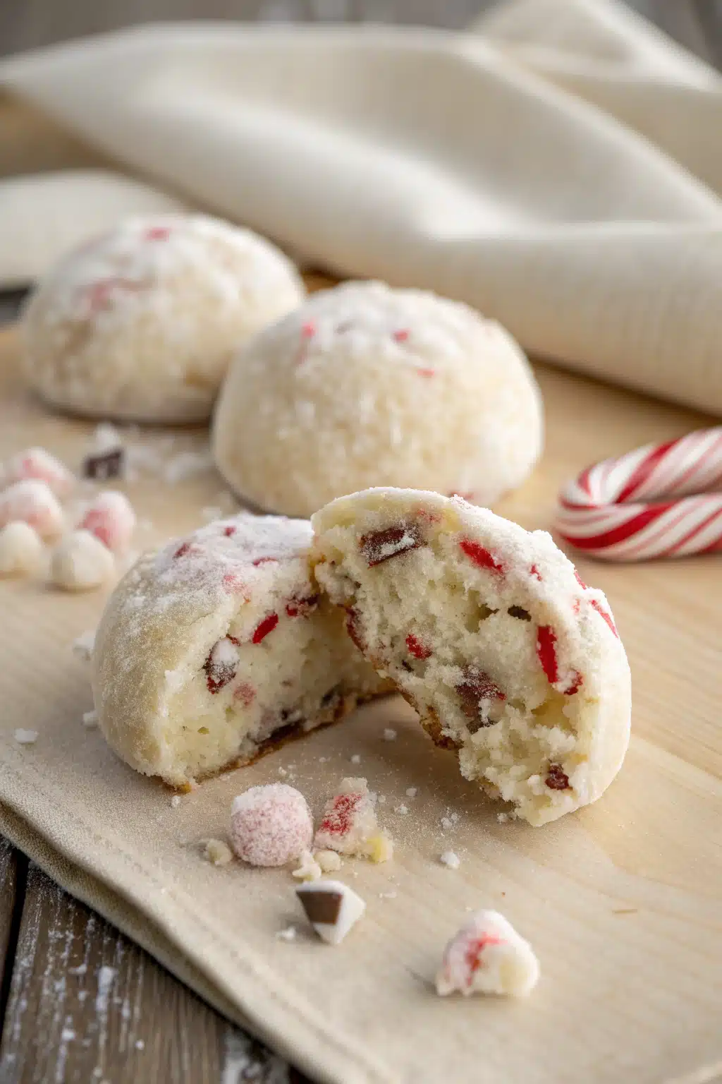 Peppermint Snowball Cookies slice on plate showing perfect texture and swirl pattern