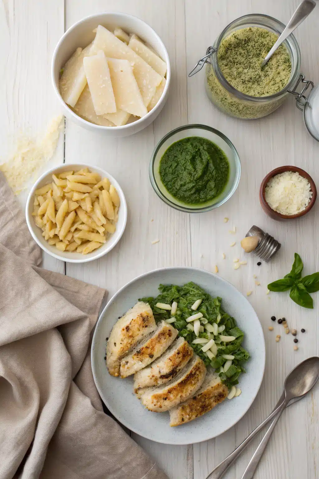 Pesto Chicken Pasta beautifully presented from an overhead angle