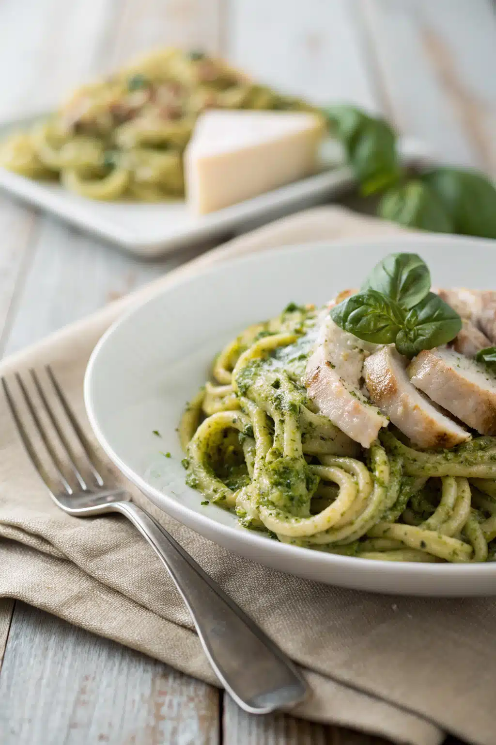 Pesto Chicken Pasta ingredients organized and measured on kitchen counter