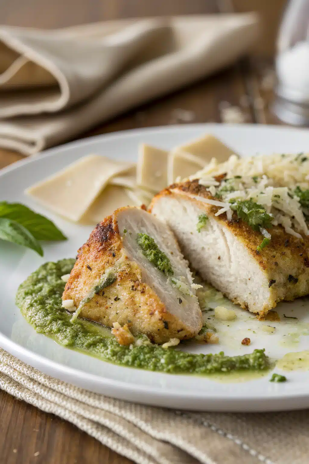 Pesto Chicken Pasta slice on plate showing perfect texture and swirl pattern