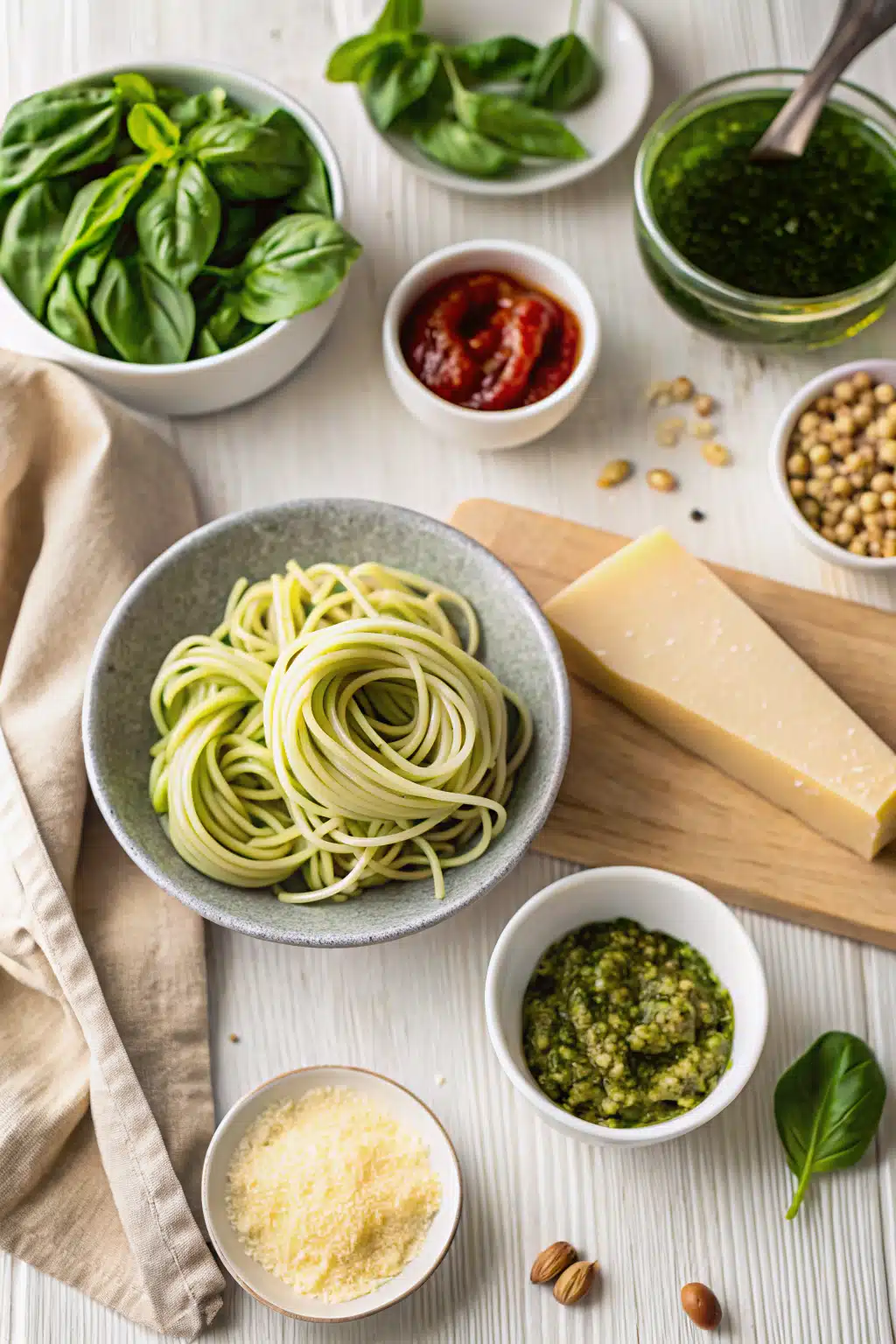 Pesto Pasta with plenty of pesto sauce beautifully presented from an overhead angle