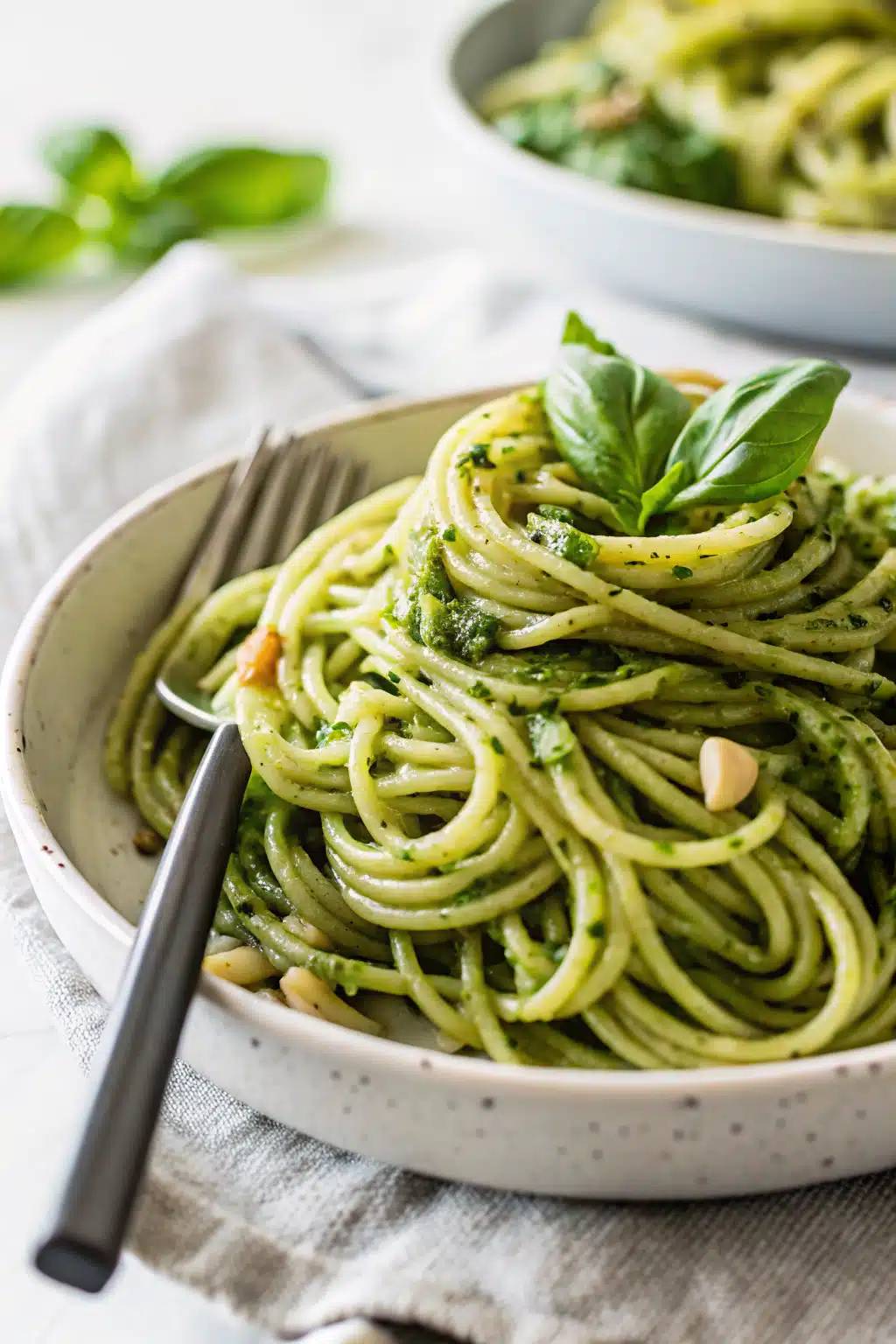 Pesto Pasta with plenty of pesto sauce ingredients organized and measured on kitchen counter