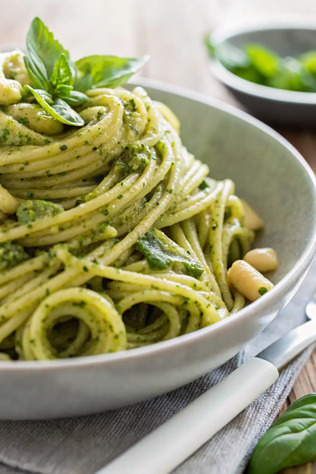 Pesto Pasta with plenty of pesto sauce slice on plate showing perfect texture and swirl pattern