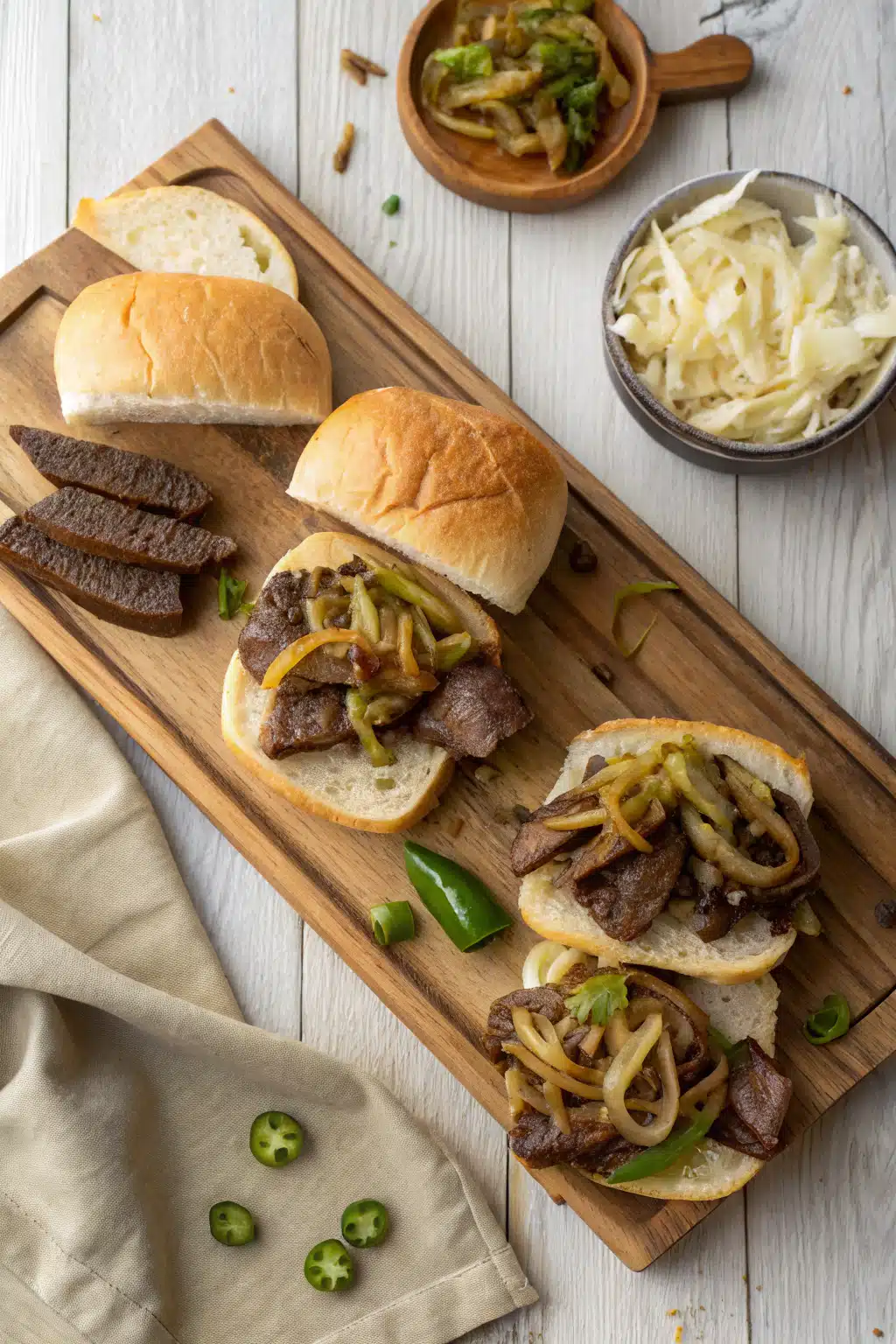 Philly Cheesesteak Sliders beautifully presented from an overhead angle