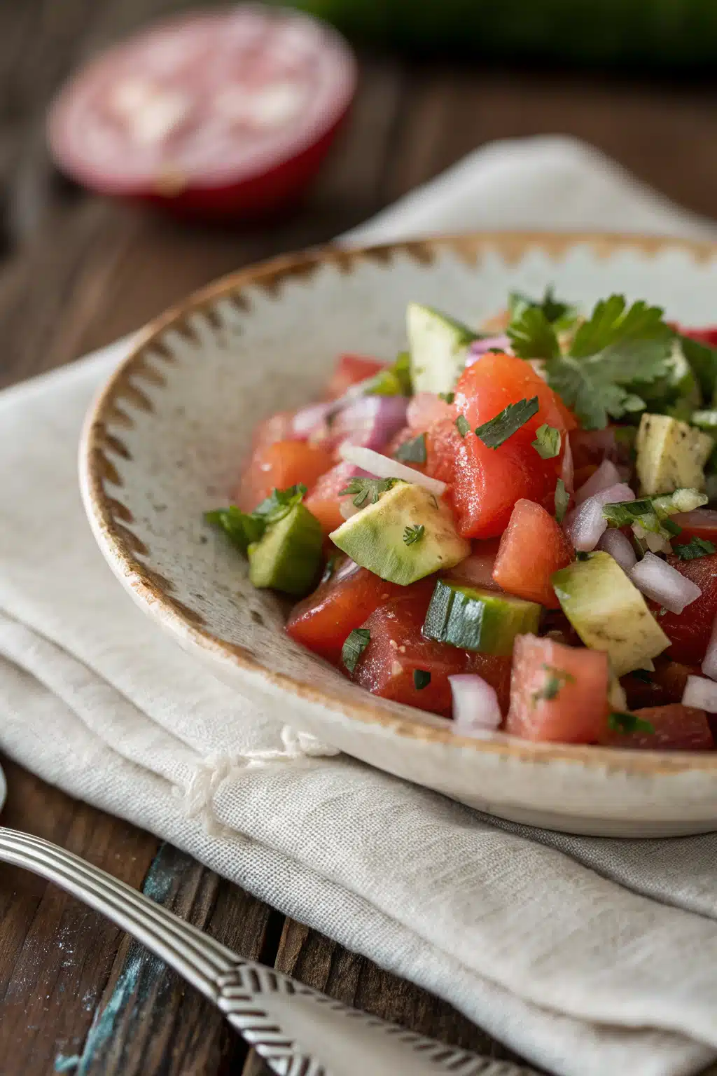 Pico De Gallo slice on plate showing perfect texture and swirl pattern