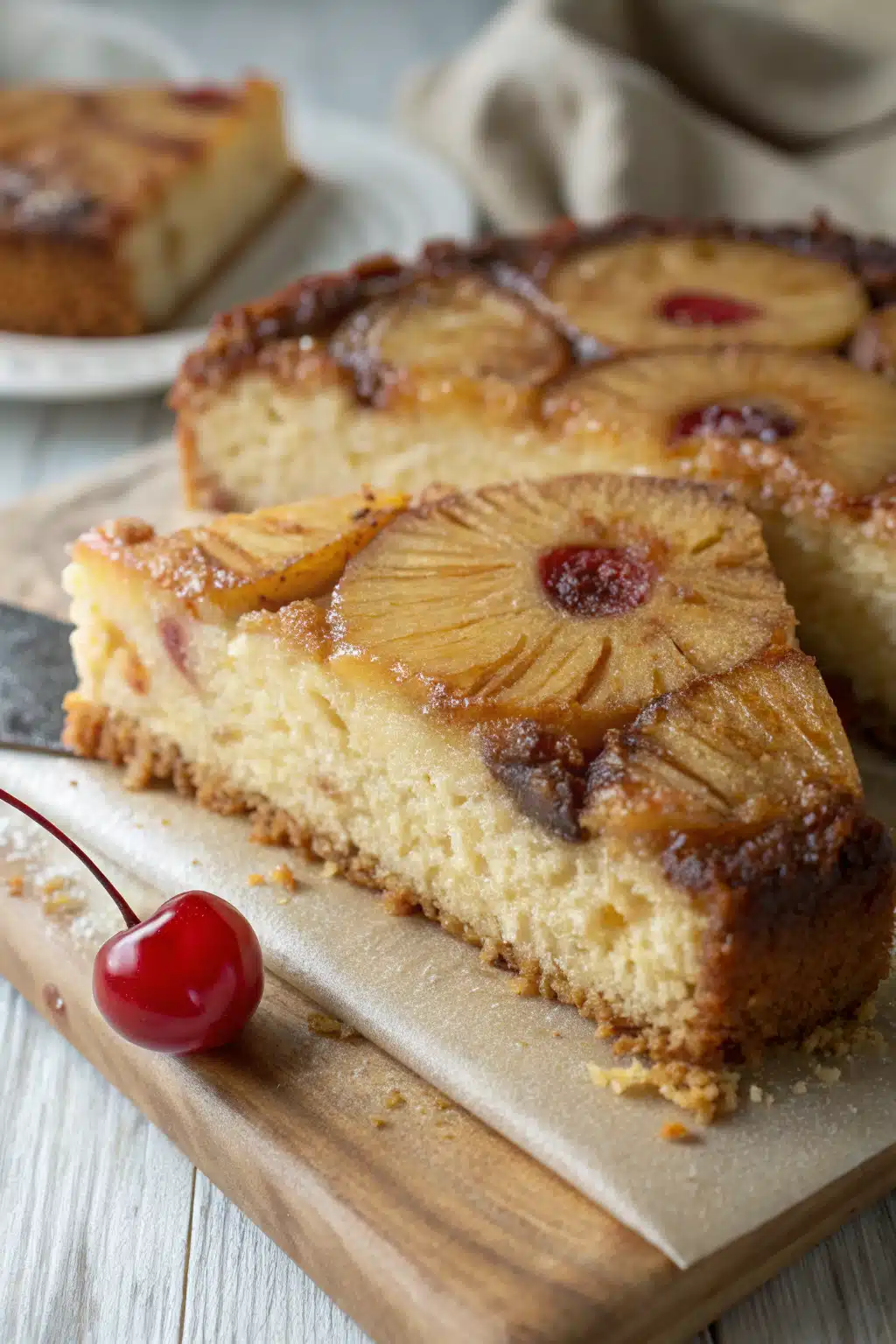 Pineapple Upside Down Cake slice on plate showing perfect texture and swirl pattern