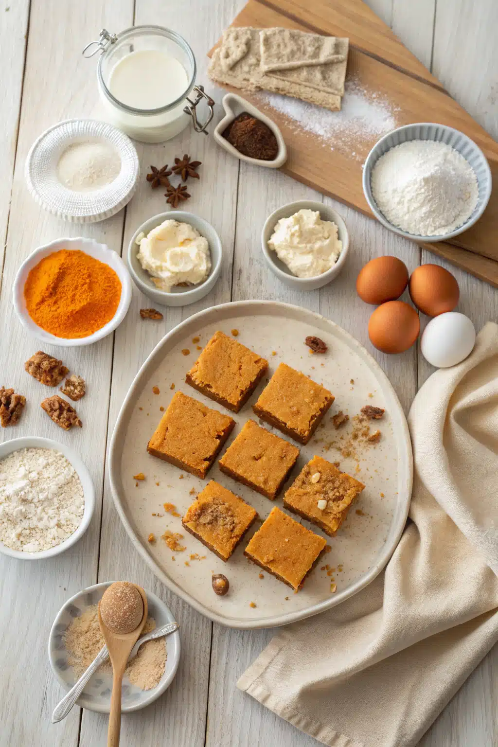 Pumpkin Bars With Cream Cheese Frosting beautifully presented from an overhead angle
