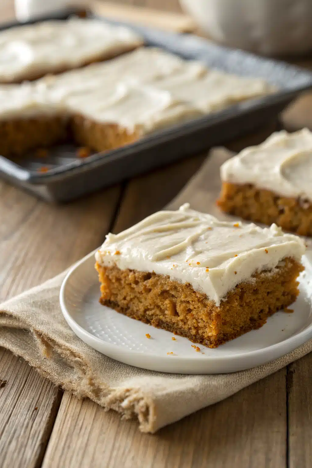Pumpkin Bars With Cream Cheese Frosting slice on plate showing perfect texture and swirl pattern