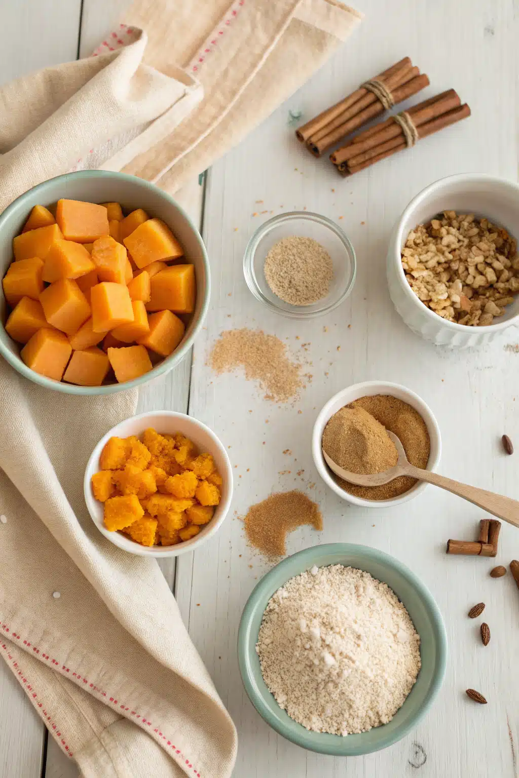 Pumpkin Spice Crisp ingredients organized and measured on kitchen counter