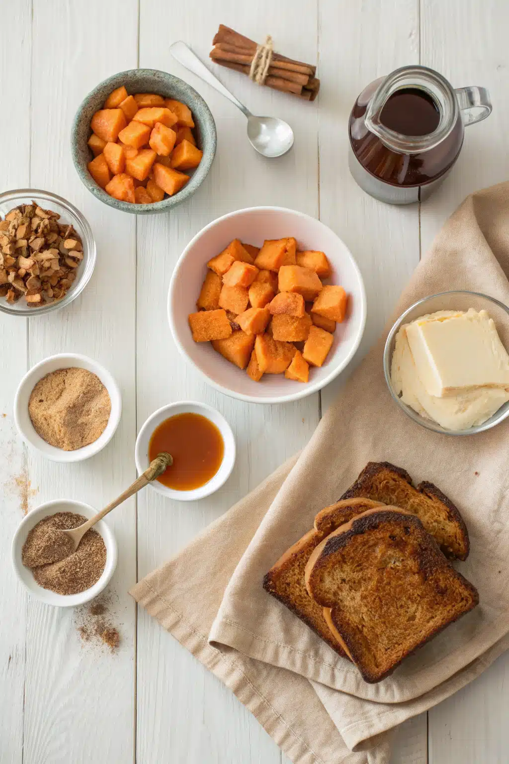 Pumpkin French Toast beautifully presented from an overhead angle