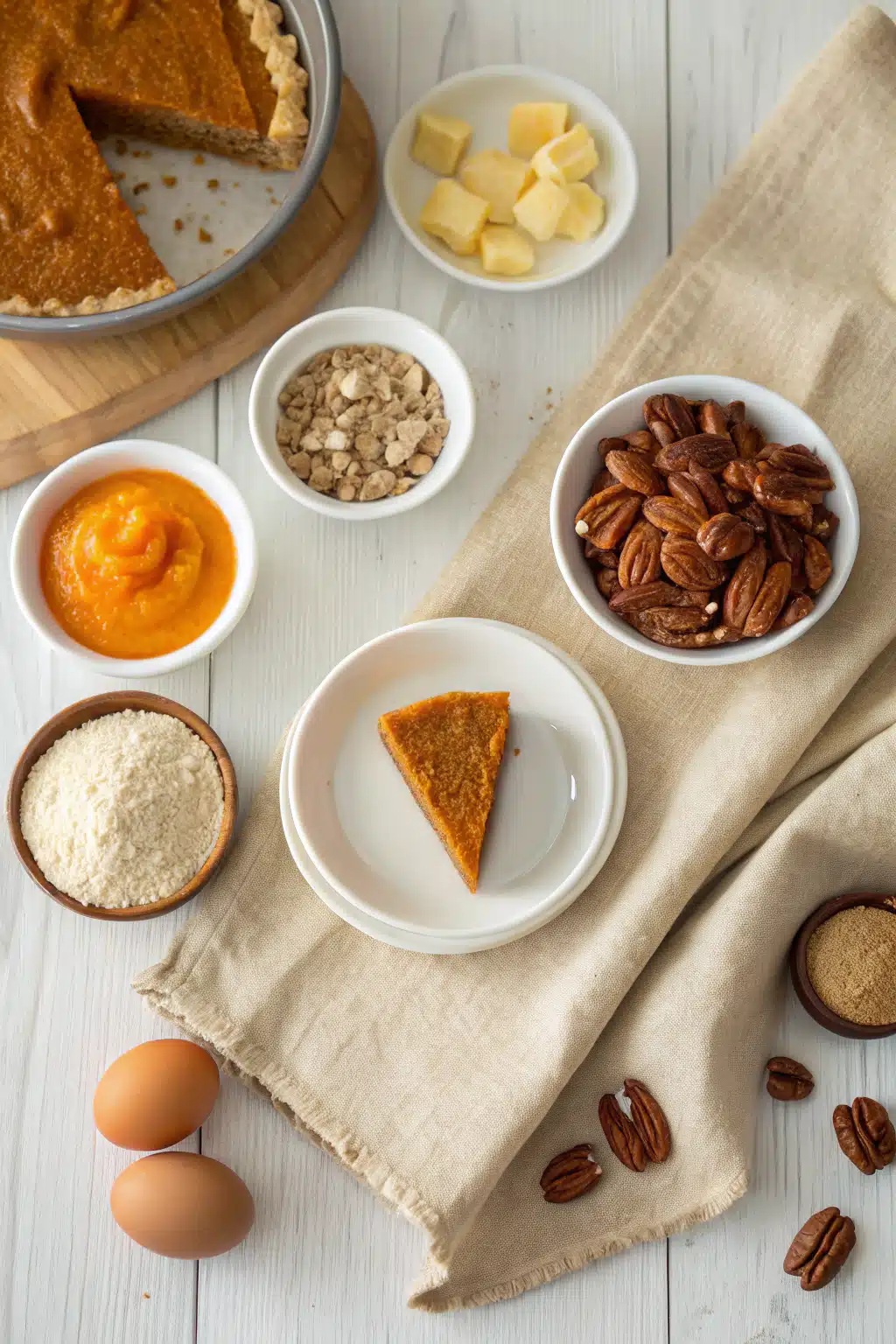 Pumpkin Pecan Pie beautifully presented from an overhead angle