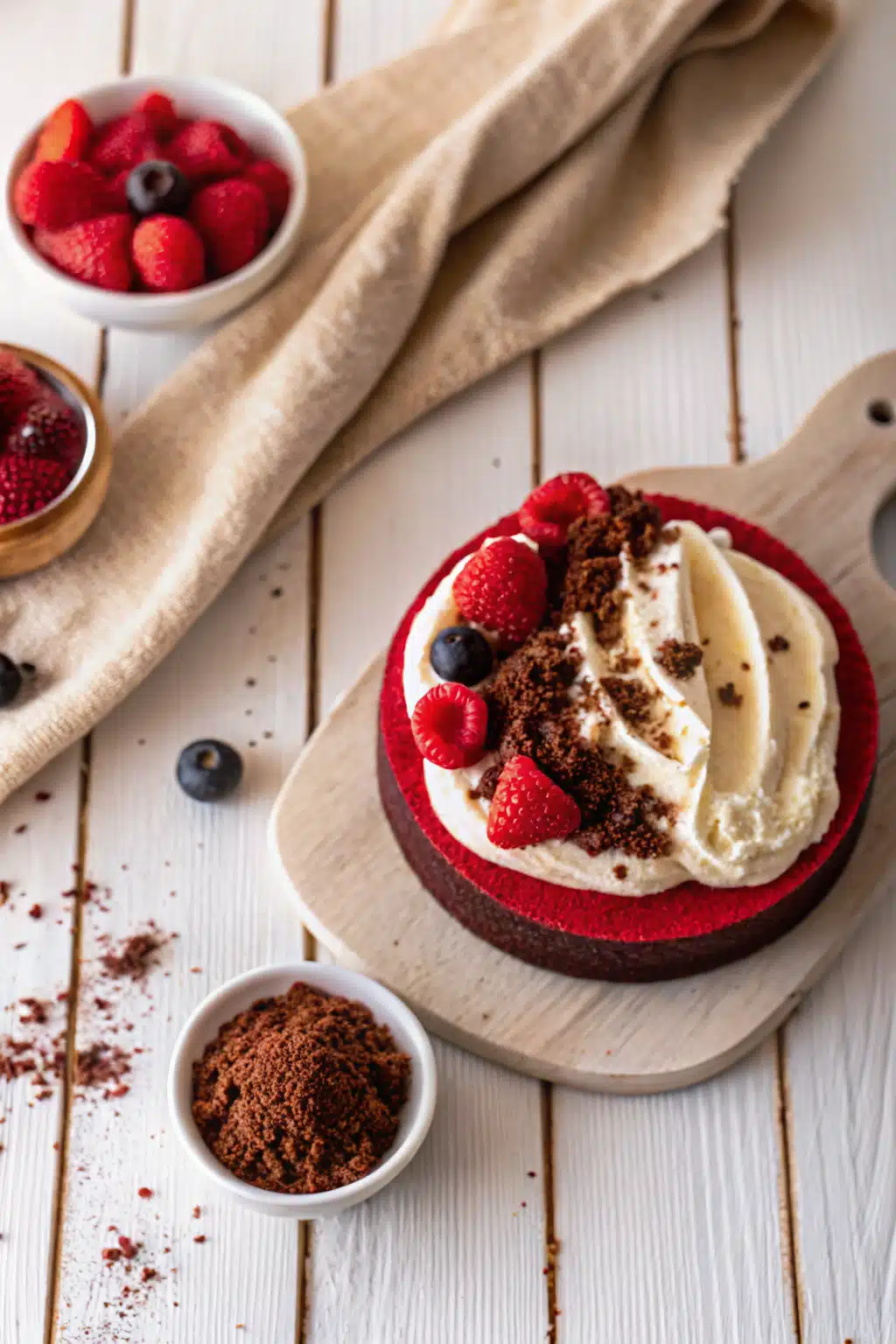 Red Velvet Cheesecake beautifully presented from an overhead angle