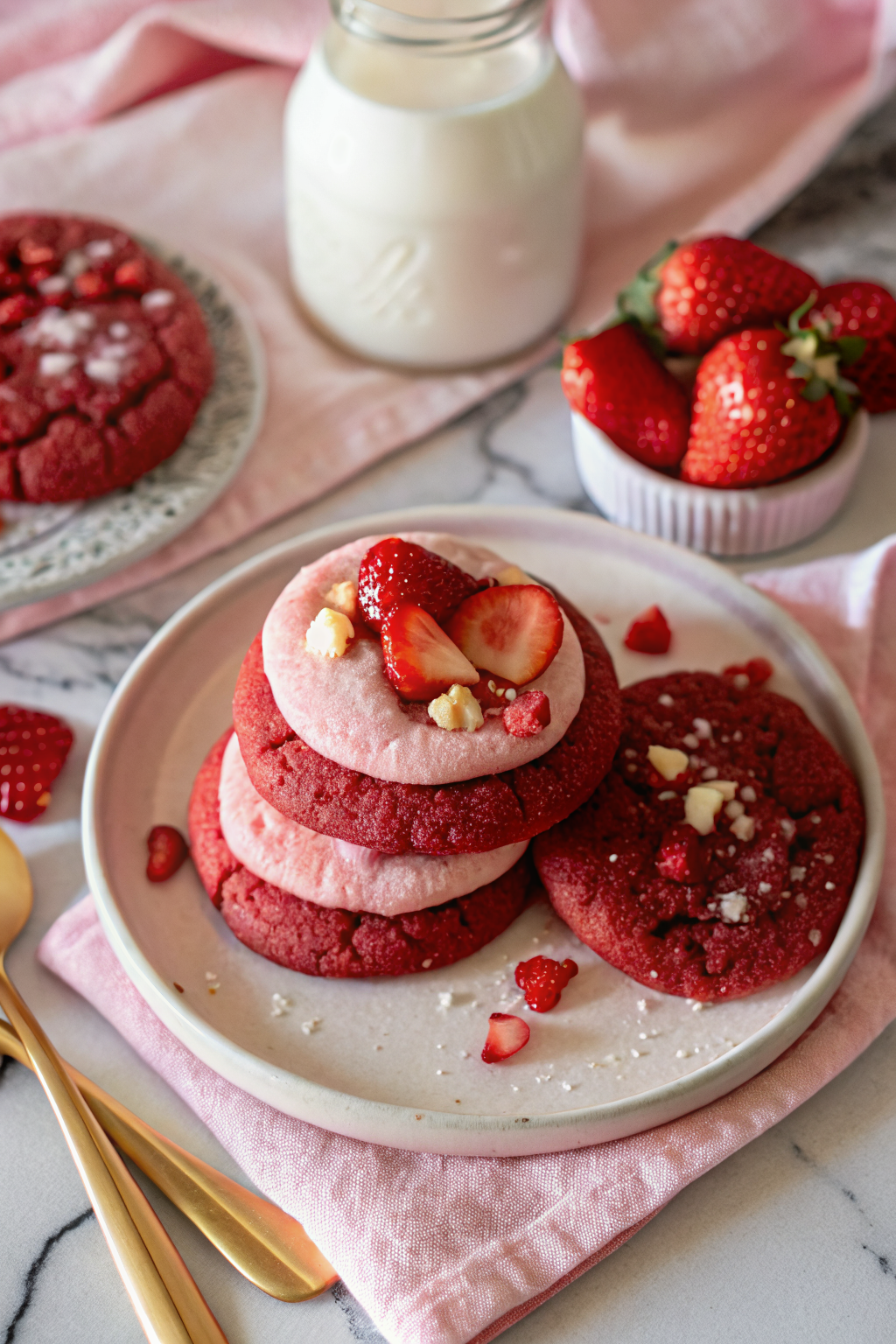 Red Velvet Sugar Cookies beautifully presented from an overhead angle