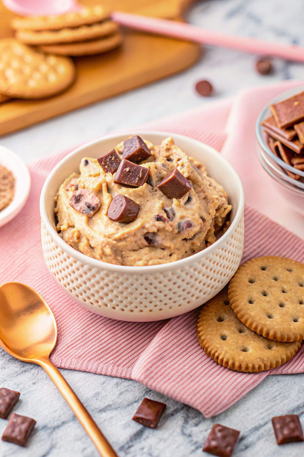 Reese's Peanut Butter Cookie Dough Dip beautifully presented from an overhead angle