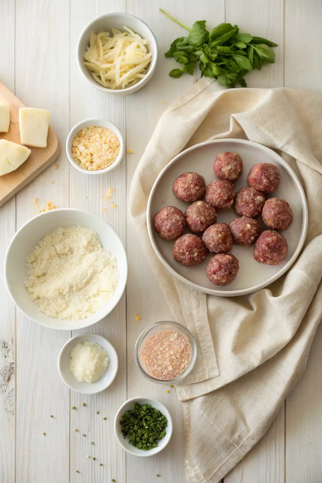 Ricotta Meatballs ingredients organized and measured on kitchen counter