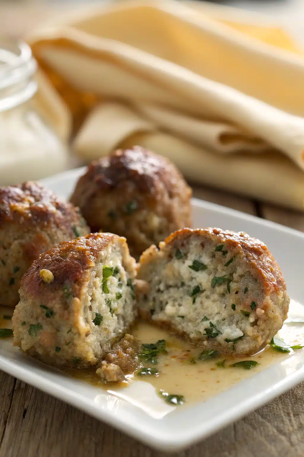 Ricotta Meatballs slice on plate showing perfect texture and swirl pattern