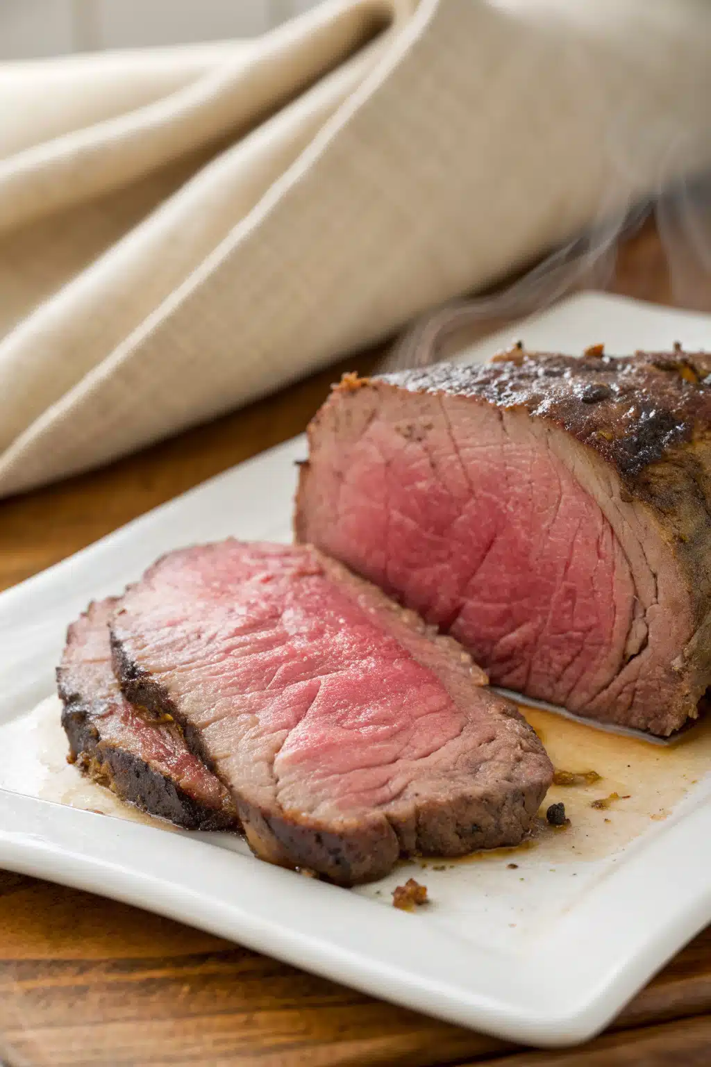 Roast Beef Tenderloin Recipe slice on plate showing perfect texture and swirl pattern