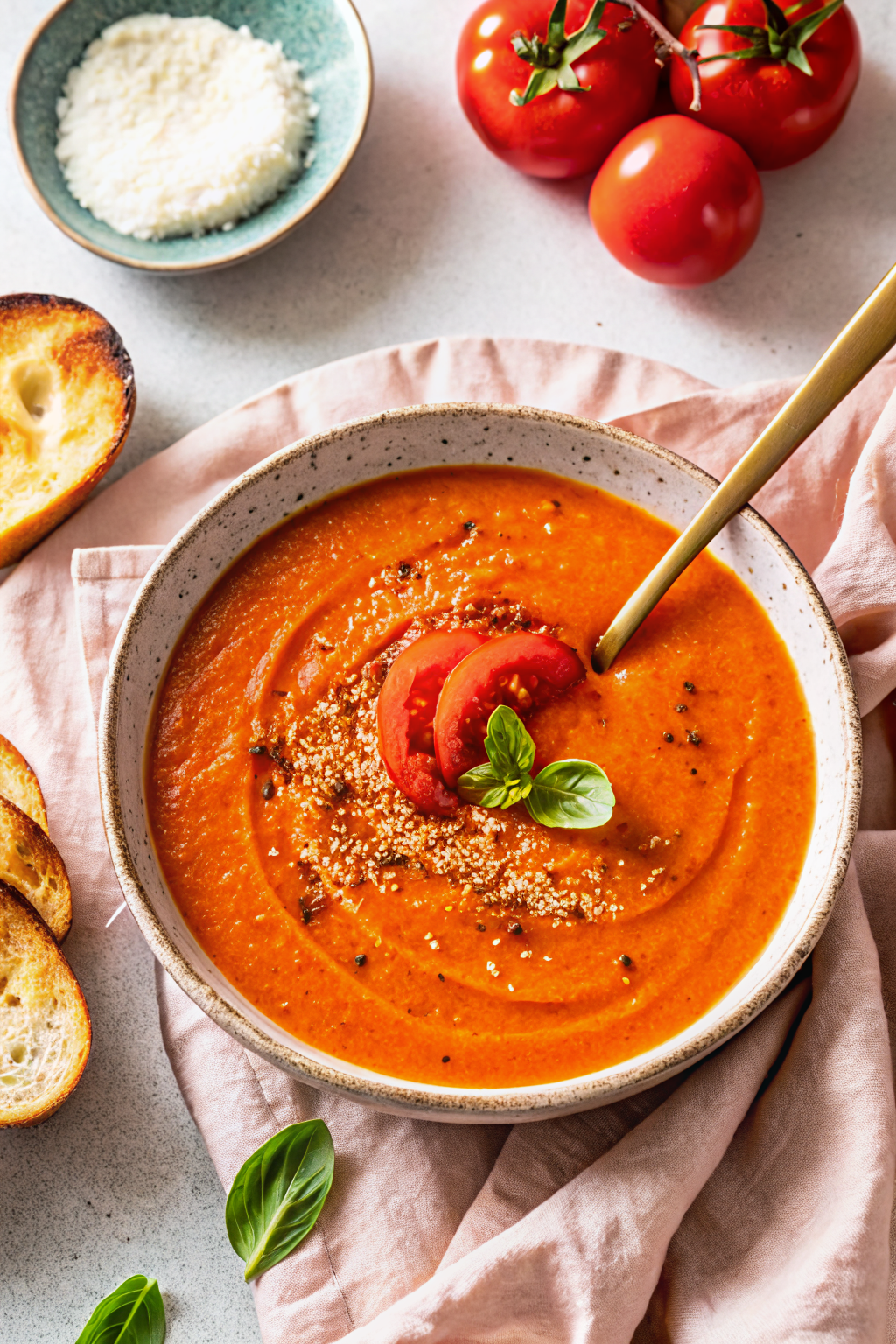 Roasted Red Pepper Soup beautifully presented from an overhead angle