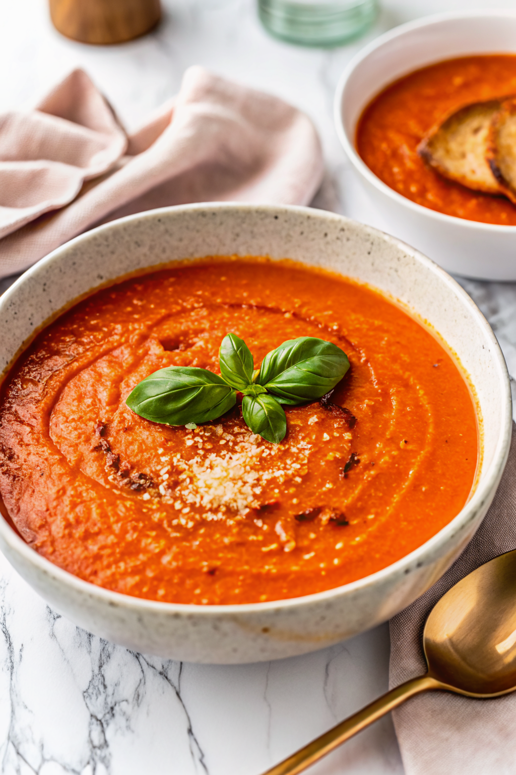 Roasted Red Pepper Soup slice on plate showing perfect texture and swirl pattern