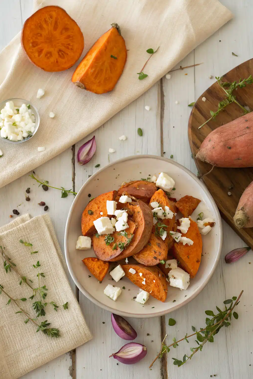 Roasted Sweet Potatoes beautifully presented from an overhead angle