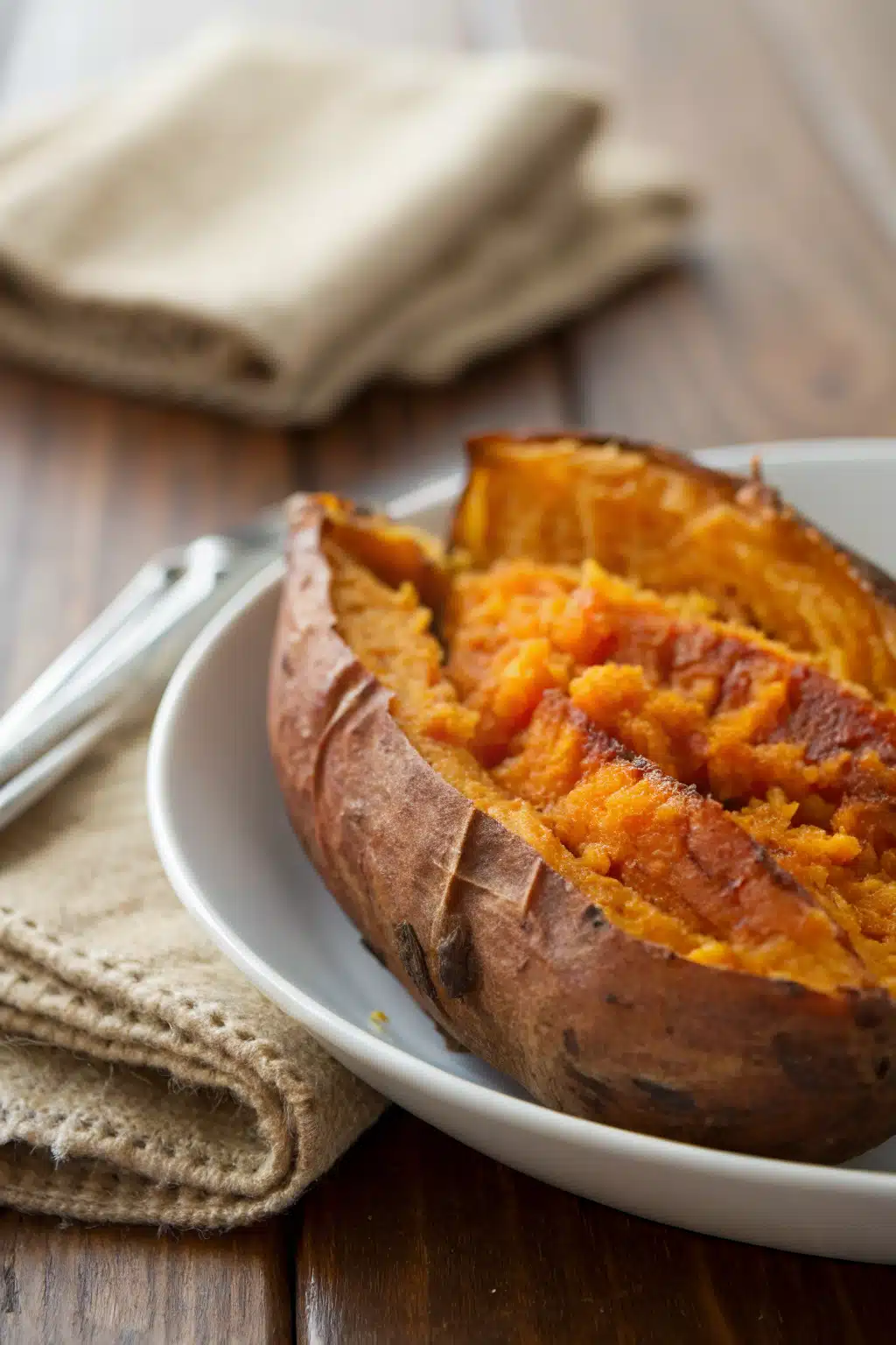 Roasted Sweet Potatoes slice on plate showing perfect texture and swirl pattern