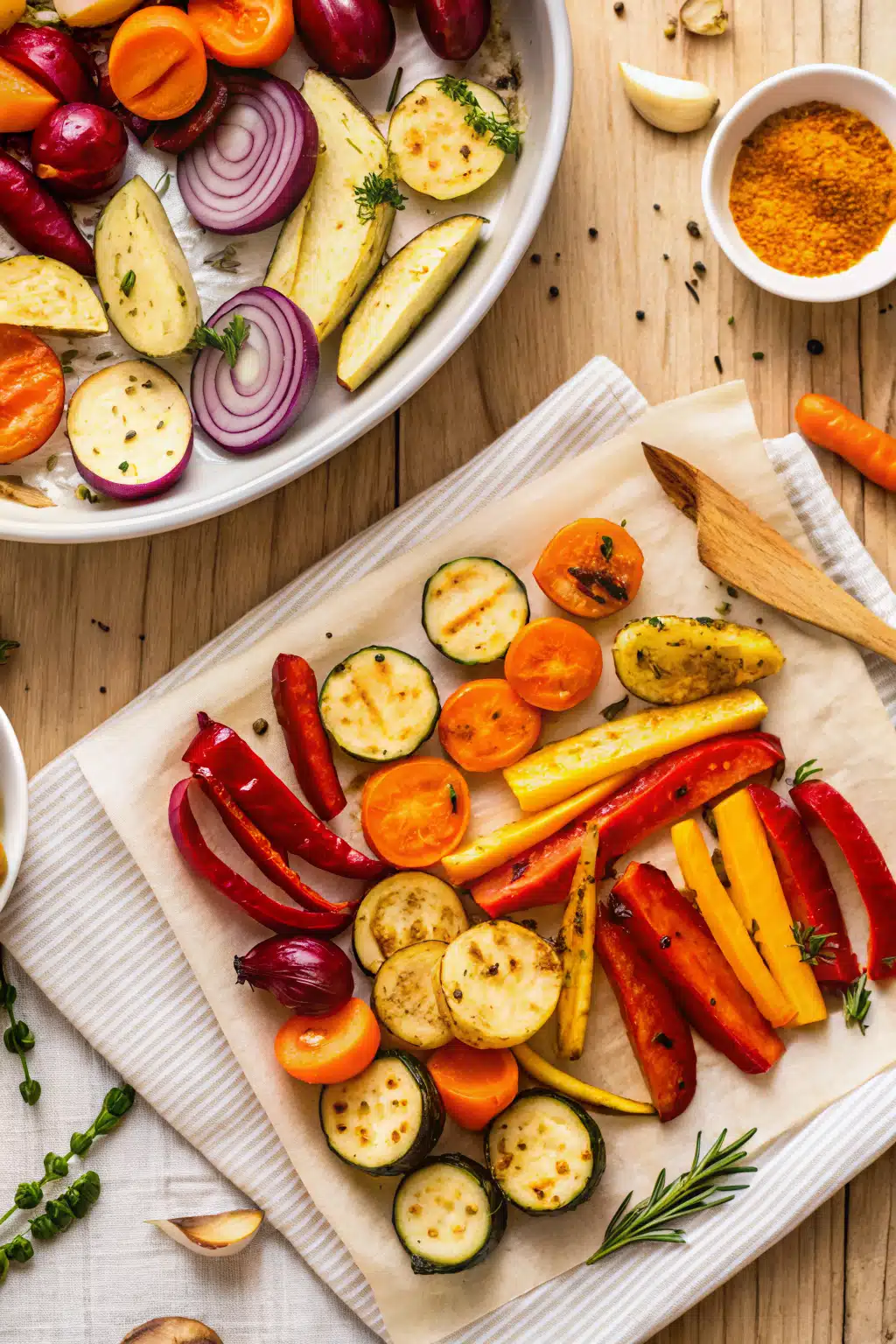 Oven Roasted Vegetables beautifully presented from an overhead angle