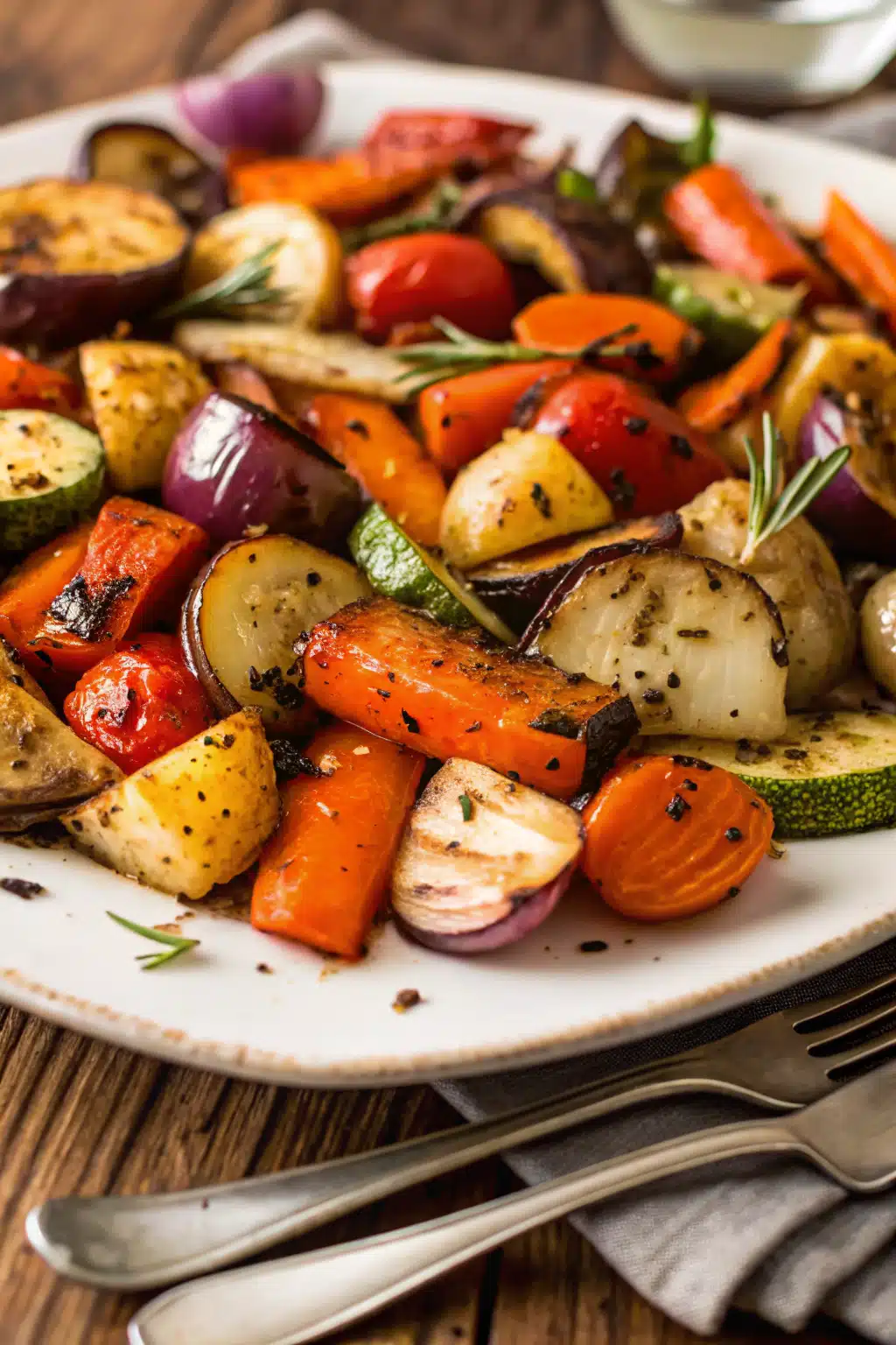 Oven Roasted Vegetables ingredients organized and measured on kitchen counter