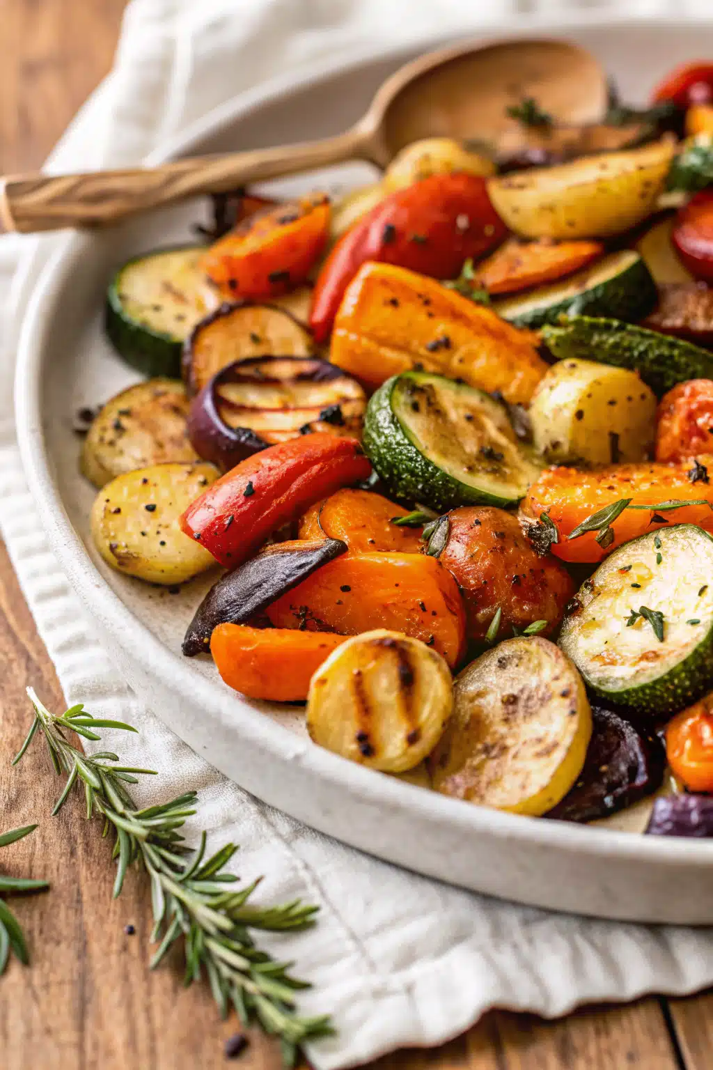 Oven Roasted Vegetables slice on plate showing perfect texture and swirl pattern
