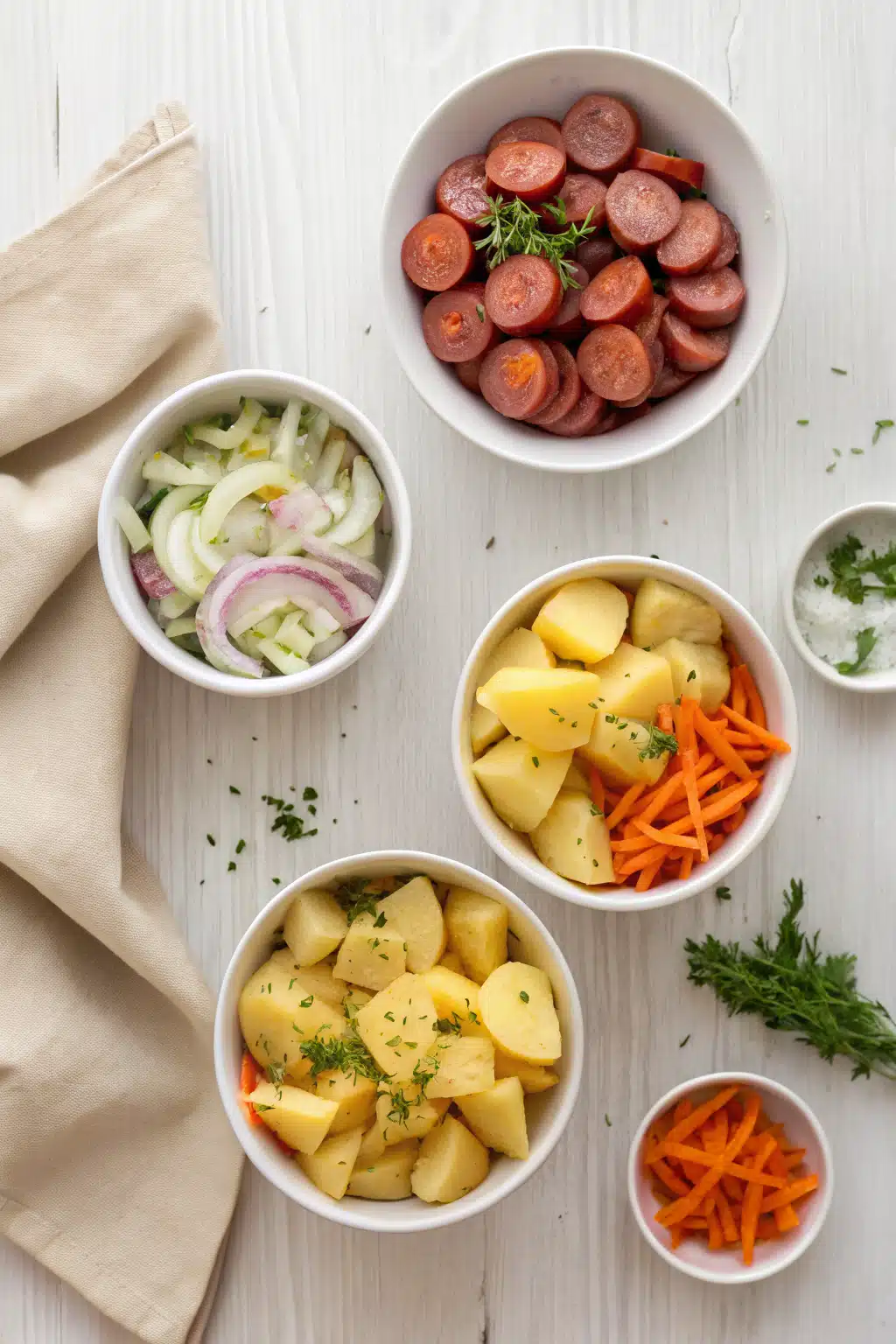 Sausage Potato Soup beautifully presented from an overhead angle