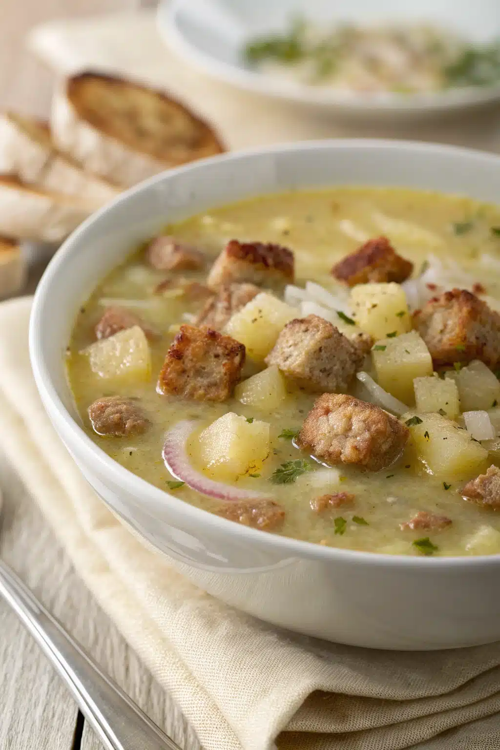 Sausage Potato Soup slice on plate showing perfect texture and swirl pattern