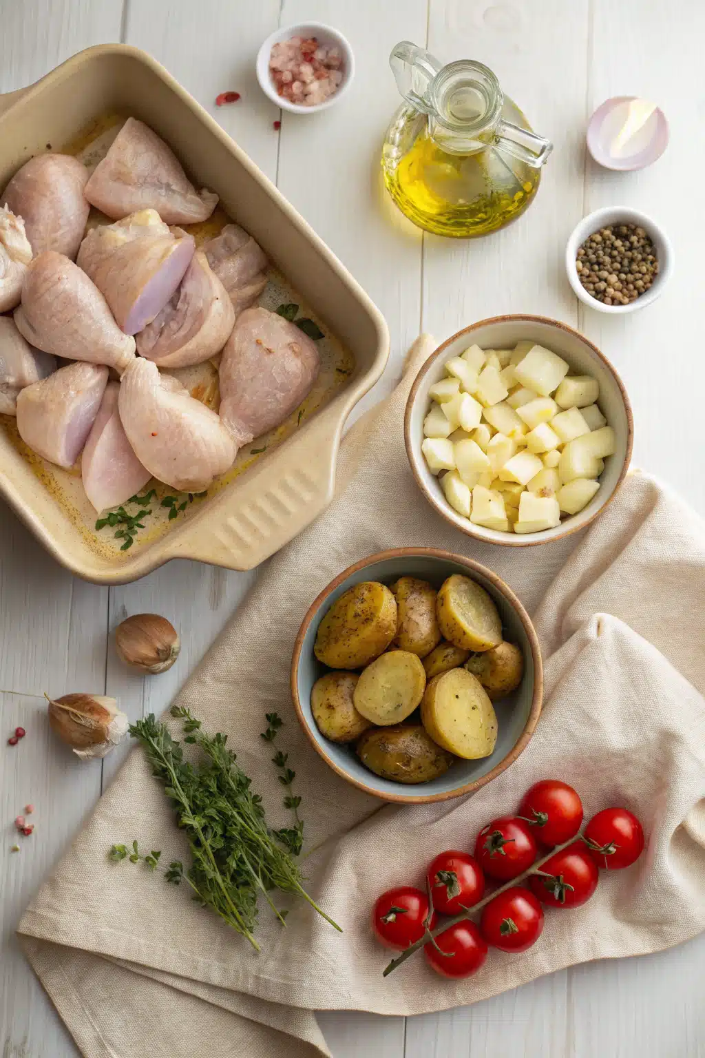 Sheet Pan Chicken Potatoes beautifully presented from an overhead angle