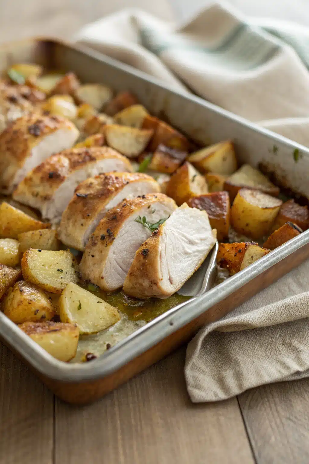 Sheet Pan Chicken Potatoes slice on plate showing perfect texture and swirl pattern