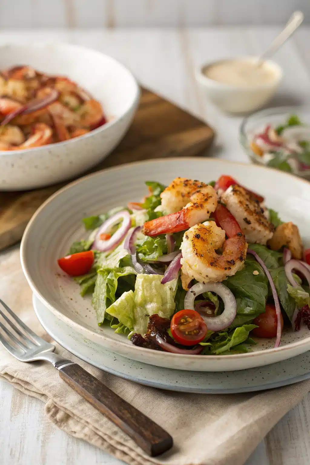 Shrimp Salad Recipe ingredients organized and measured on kitchen counter