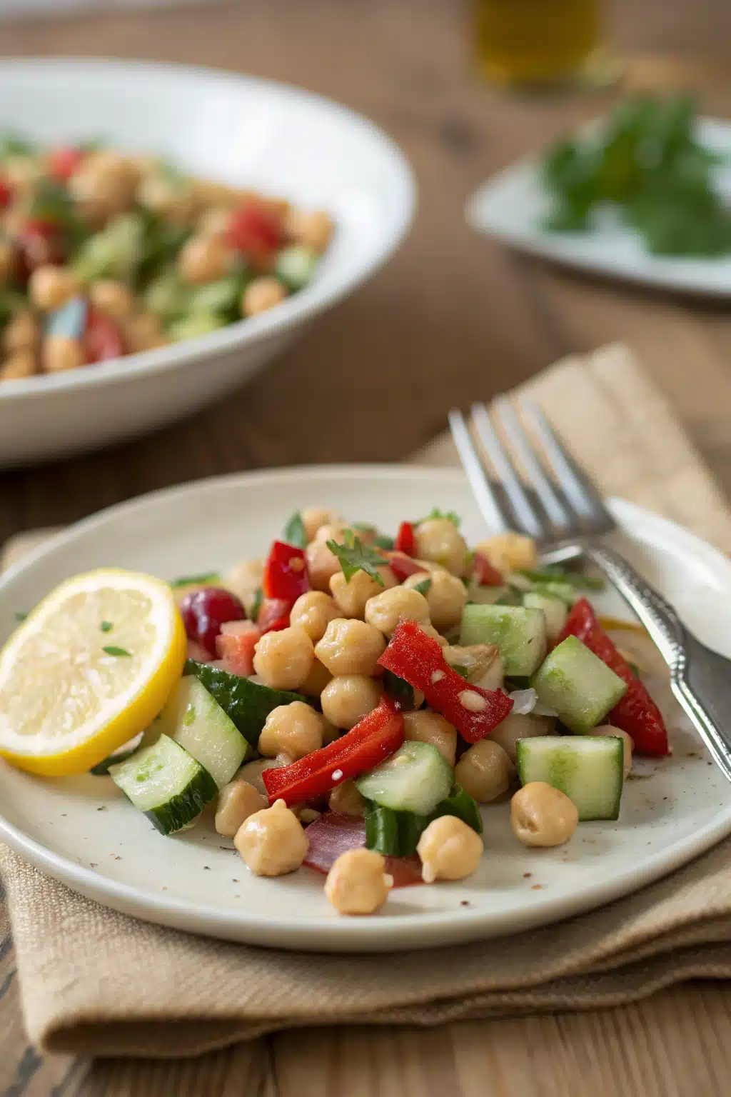 Chickpea Salad ingredients organized and measured on kitchen counter