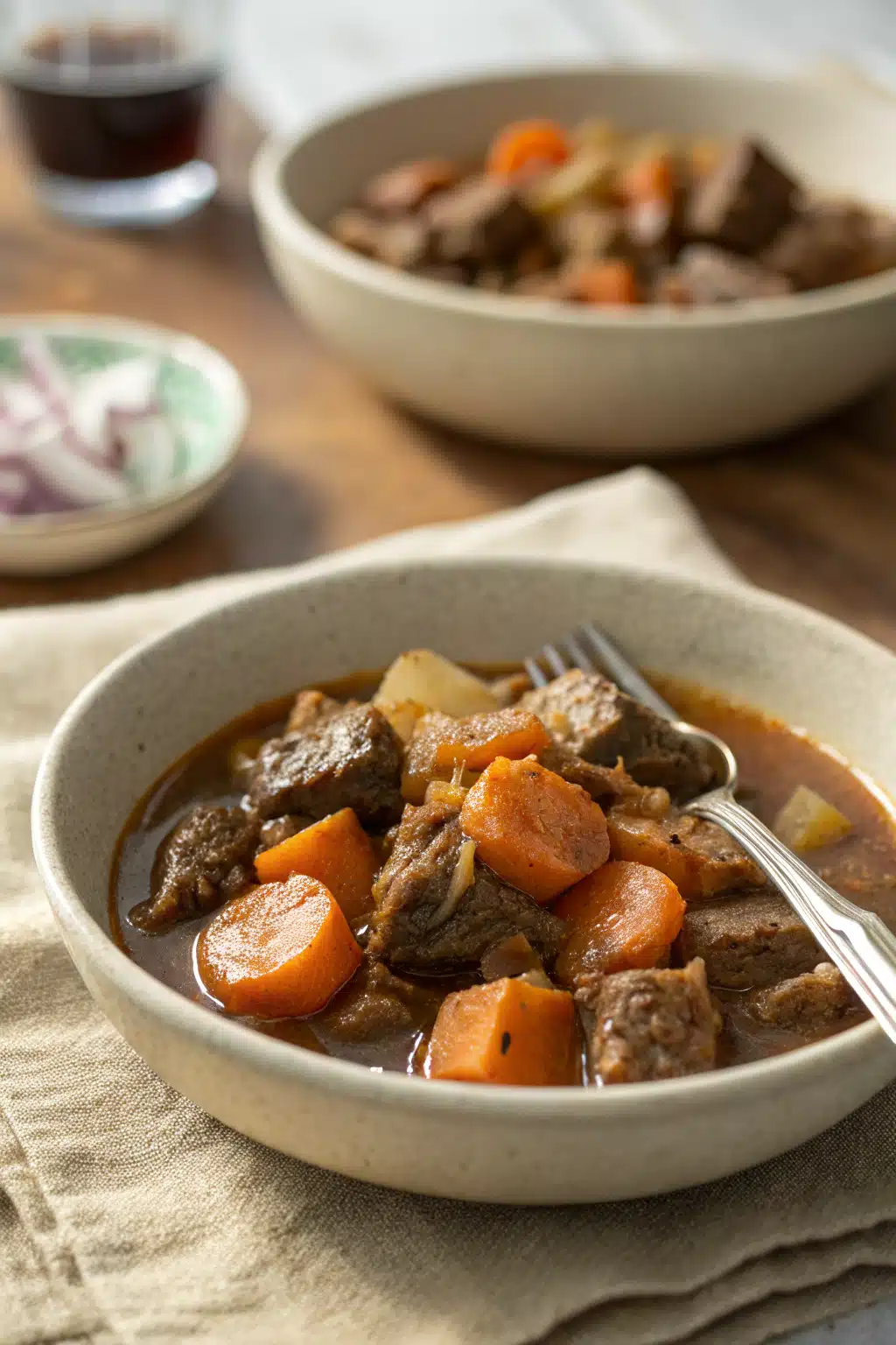 Slow Cooker Beef Stew ingredients organized and measured on kitchen counter